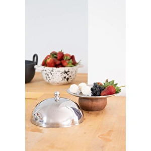 Beige & Stone Çelik Tatlı Meyve Sunum Fanus 16 Cm & Ahşap Ayaklı Metal Stand 18 Cm görseli 6