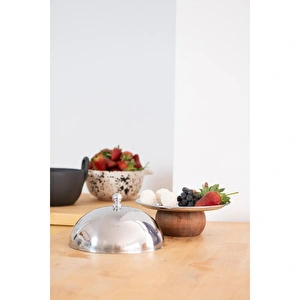 Beige & Stone Çelik Tatlı Meyve Sunum Fanus 16 Cm & Ahşap Ayaklı Metal Stand 18 Cm görseli 2