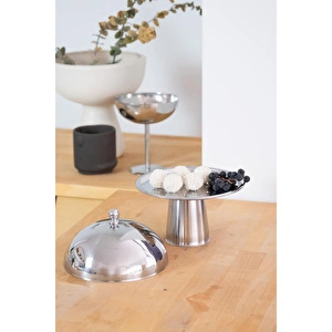 Beige & Stone Çelik Tatlı Pasta Meyve Sunum Fanus 16 Cm & Metal Ayaklı 18 Cm Stand görseli 2