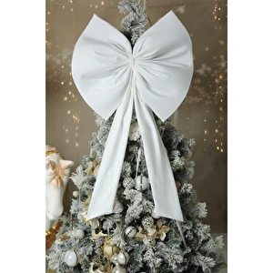 Beige & Stone Kurdele Yıllbaşı Ağaç Süs Noel Beyaz Fiyonk 55x50 Cm Büyük görseli 2