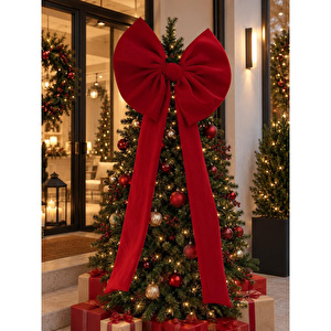 Beige & Stone Kurdele Yıllbaşı Ağaç Süs Noel Dev Kırmızı Fiyonk 60x120 Cm görseli 4