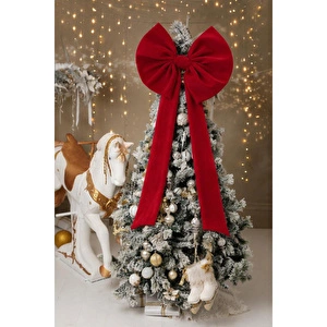 Beige & Stone Kurdele Yıllbaşı Ağaç Süs Noel Dev Kırmızı Fiyonk 60x120 Cm görseli 3