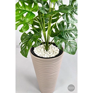 Biçiçek Yapay Çiçek Salon Bitkisi Monstera Deve Tabanı Bej Renk Kumsal Saksıda görseli 5