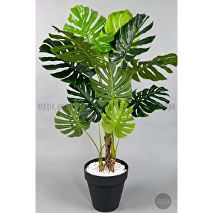 Biçiçek Yapay Ağaç Monstera Bambu Gövdeli 150cm Devetabanı Ağacı Büyük Boy Antrasit Renk Yalı Saksıda görseli 2