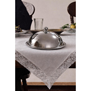 Beige & Stone Metal Kulplu Fanus Paslanmaz Çelik Gümüş 18 Cm Tabaklı Kek Pasta Sunum Stand Tepsi görseli 1