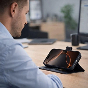 Bloominbag Bloomcase Magic Wallet Oynx Black Apple Iphone 17e / 16e (6.1") Hakiki Deri Çıkarılabilir Cüzdanlı Telefon Kılıfı görseli 3