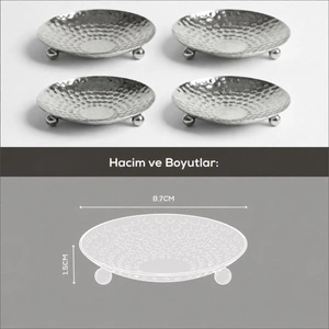 Vienev 4'lü Gümüş Renk Metal Mini Lokumluk - Dövme Desenli Sunum Tabağı görseli 6