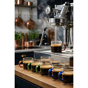 Vienev Renkli Kulplu 6'lı Cam Espresso Bardağı Seti - 95 Ml 2x(turuncu, Yeşil, Mavi)