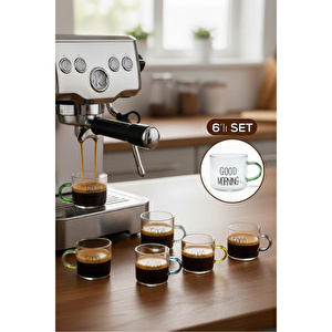Vienev Renkli Kulplu 6'lı Good Morning Yazılı Cam Espresso Bardağı Seti - 95 Ml