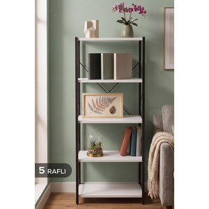 5 Raflı Metal Dolap - Metal Ve Ahşap Kitaplık, Mutfak Rafı 150x60 Siyah-beyaz