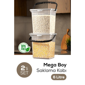 Mega Boy 2'li Kare Un Bakliyat Kabı 6 Litre - Kulplu Saklama Kutusu Kabı Şeffaf