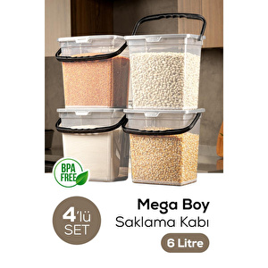 Mega Boy 4'lü Kare Un Bakliyat Kabı 6 Litre - Kulplu Saklama Kutusu Kabı Şeffaf