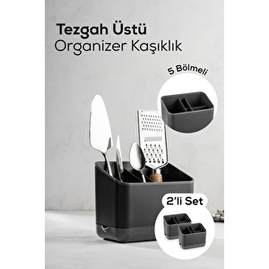 Vienev 2 Adet Tezgah Üstü Kaşık Düzenleyici 5 Bölmeli Organizer Kaşıklık Antrasit