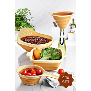 Vienev Elegant 4 Parça Akordiyon Süzgeç Seti 1x(huni, Saplı Süzgeç, Kare Süzgeç, Pirinç Süzgeci) Sarı