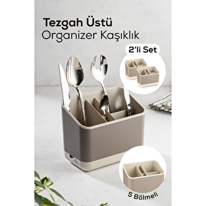 Vienev 2 Adet Tezgah Üstü Kaşık Düzenleyici 5 Bölmeli Organizer Kaşıklık Bej