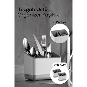 Vienev 2 Adet Tezgah Üstü Kaşık Düzenleyici 5 Bölmeli Organizer Kaşıklık Gri