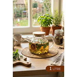 Vienev Bambu Kapaklı Cam Demlik | 1 Litre Bitki Çayı & Demleme Sürahisi