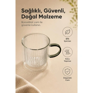 Vienev 2'li 270 Ml Çift Cidarlı Borosilikat Cam Kupa - Isıya Dayanıklı Kulplu Bardak görseli 4