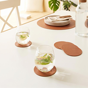 Ocean Home Textile Home Wave 4'lü Taba/gri Renk Suni Deri Bardak Altlığı Ø 10 Cm