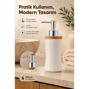 Vienev Bambu Kapaklı Porselen Sıvı Sabunluk 300 Ml Bej görseli 5