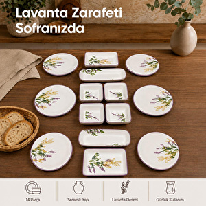 Vienev 14 Parça 6 Kişilik Lavanta Desen Seramik Kahvaltı Takım Seti görseli 5