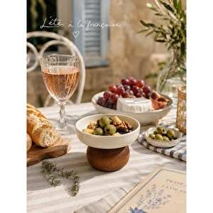 Beige & Stone Ahşap Ayaklı Seramik Sunumluk Kase 11,5 Cm Dondurma Çerezlik Kahvaltılık Sosluk görseli 3