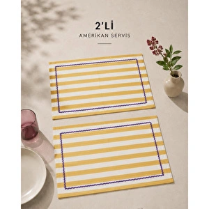 Beige & Stone Sarı Çizgili Mor Biyeli Amerikan Servisi 2'li Set 33x44 Cm Sofra Ve Masa Düzeni Dekoru görseli 2