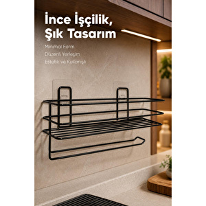 Vienev Yapışkanlı Siyah Metal Mutfak Rafı Ve Kağıt Havluluk görseli 5