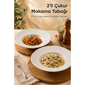 Vienev 2'li Porselen Çizgi Desenli Çukur Makarna Tabağı 27 Cm