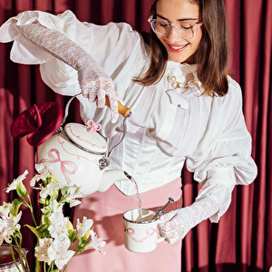 Emaylab Rebel Bow Kurdele Desenli Emaye Vintage Kettle