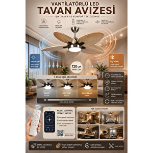 Apliqa Mirken Ahşap Görünümlü 5'li Eskitme Tavan Vantilatörü Led Avize Kumandalı Mobil Uygulamalı 3 Renk Aydınlatma Sessiz Dc Motor