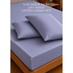 %100 Pamuk Saten Çift Kişilik Lastikli Çarşaf Seti Mavi (160x200x35 Cm)