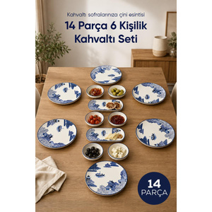 Mavi Çini Desenli 14 Parça 6 Kişilik Seramik Kahvaltı Takımı Servis Sunum Tabaklı Dekoratif Sofra Seti