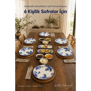 Vienev Mavi Çini Desenli 14 Parça 6 Kişilik Seramik Kahvaltı Takımı Servis Sunum Tabaklı Dekoratif Sofra Seti görseli 3