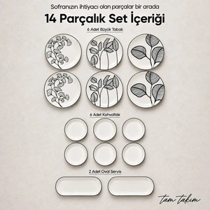 Vienev Siyah Yaprak Desenli 14 Parça 6 Kişilik Seramik Kahvaltı Takımı Servis Sunum Tabaklı Dekoratif Sofra Seti görseli 4