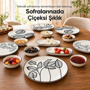 Vienev Siyah Yaprak Desenli 14 Parça 6 Kişilik Seramik Kahvaltı Takımı Servis Sunum Tabaklı Dekoratif Sofra Seti görseli 6