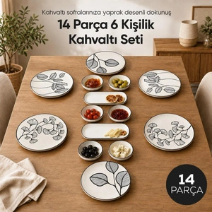 Vienev Siyah Yaprak Desenli 14 Parça 6 Kişilik Seramik Kahvaltı Takımı Servis Sunum Tabaklı Dekoratif Sofra Seti görseli 2
