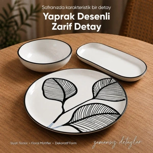 Vienev Siyah Yaprak Desenli 14 Parça 6 Kişilik Seramik Kahvaltı Takımı Servis Sunum Tabaklı Dekoratif Sofra Seti görseli 3