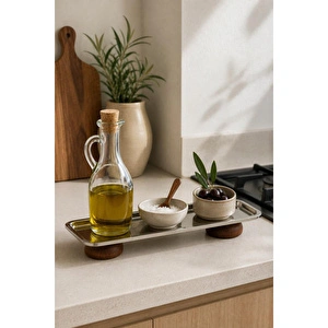 Beige & Stone Gümüş Paslanmaz Çelik Çift Ahşap Ayaklı Dikdörtgen Sunum Ve Servis Tabağı 33x13 Cm görseli 4