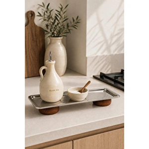 Beige & Stone Gümüş Paslanmaz Çelik Çift Ahşap Ayaklı Dikdörtgen Sunum Ve Servis Tabağı 33x13 Cm