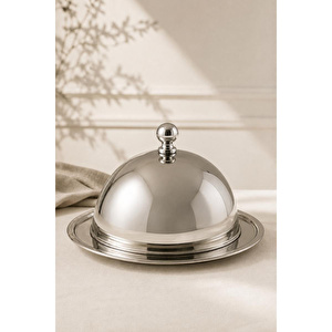 Beige & Stone Paslanmaz Çelik Fanuslu Kapaklı Sunum Tabağı 15 Cm – 13 Cm Fanus Kahvaltılık Peynir Tereyağı Tatlı Servis Tabağı