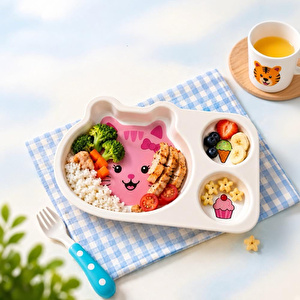 Wumboo 3 Bölmeli Hayvan Desenli Melamin Çocuk Tabağı-ekstra Dayanıklı Bpa Free Beslenme Tabağı- Pembe Kedi