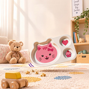 Wumboo 3 Bölmeli Hayvan Desenli Melamin Çocuk Tabağı-ekstra Dayanıklı Bpa Free Beslenme Tabağı- Pembe Kedi