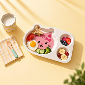 Wumboo 3 Bölmeli Hayvan Desenli Melamin Çocuk Tabağı-ekstra Dayanıklı Bpa Free Beslenme Tabağı- Pembe Kedi görseli 4