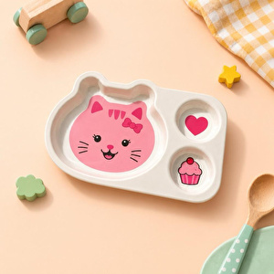 Wumboo 3 Bölmeli Hayvan Desenli Melamin Çocuk Tabağı-ekstra Dayanıklı Bpa Free Beslenme Tabağı- Pembe Kedi