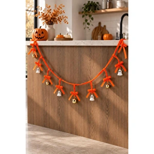 Beige & Stone 1 Metre Turuncu Fiyonklu Halloween Dekoratif Süs Zinciri – Hayalet Ve Çan Figürlü Cadılar Bayramı Asma Süsü görseli 2