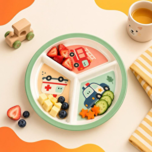 Wumboo 3 Bölmeli Melamin Çocuk Tabağı-mama Tabağı-ekstra Dayanıklı Bpa Free Beslenme Tabağı- Araba