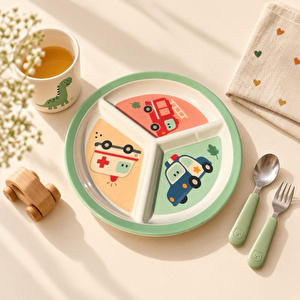 Wumboo 3 Bölmeli Melamin Çocuk Tabağı-mama Tabağı-ekstra Dayanıklı Bpa Free Beslenme Tabağı- Araba görseli 4
