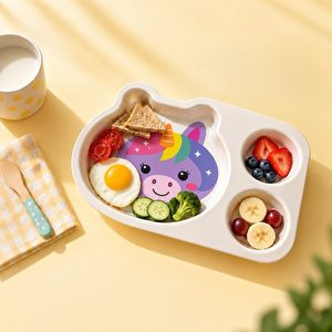 Wumboo 3 Bölmeli Hayvan Desenli Melamin Çocuk Tabağı-ekstra Dayanıklı Bpa Free Beslenme Tabağı- Unicorn görseli 4