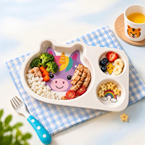 Wumboo 3 Bölmeli Hayvan Desenli Melamin Çocuk Tabağı-ekstra Dayanıklı Bpa Free Beslenme Tabağı- Unicorn